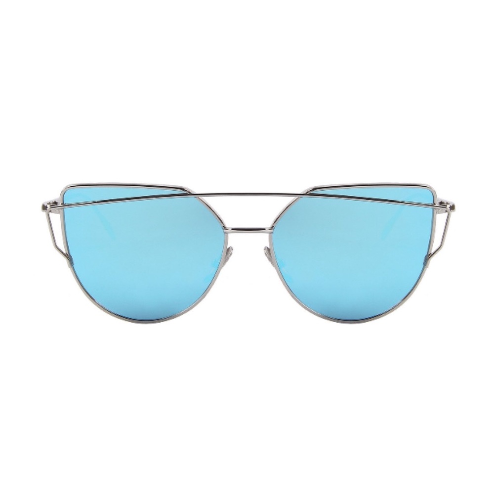 Blue Lens Silver Frame Cat Eye Aviator Sunglasses - Picture 2 of 5